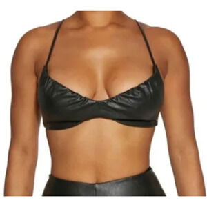 NWOT Naked Wardrobe Faux Leather Bralette Top Black Women’s Size L Vegan Chic
